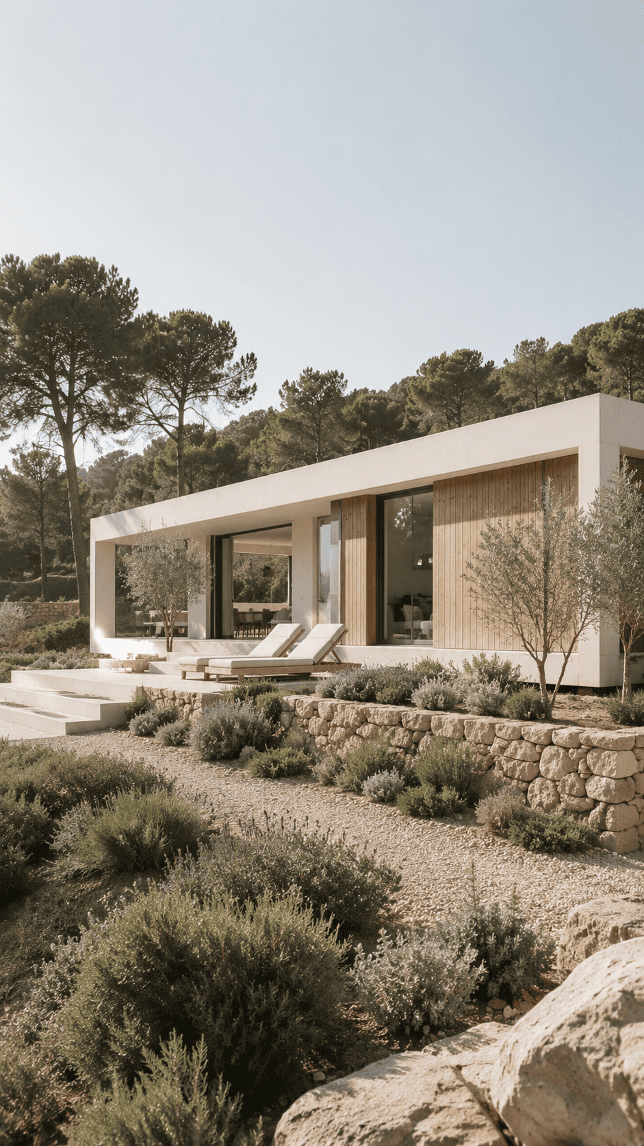 Casa moderna en las montañas, rodeada de árboles y rocas, con un diseño arquitectónico contemporáneo.